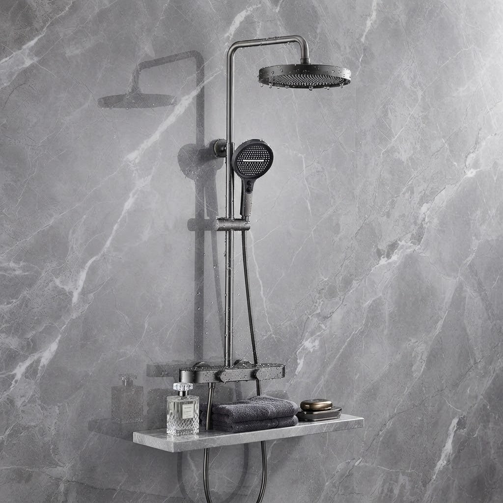 Colonne de Douche Thermostatique Gris Brossée – 4 Voies Pluie & Cascade