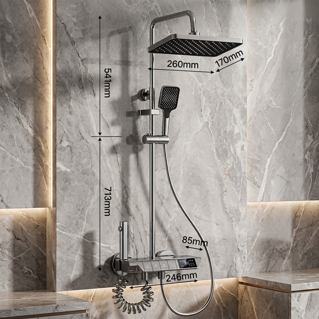 Colonne de Douche 4 Voies avec indicateur de température - Gris brossé