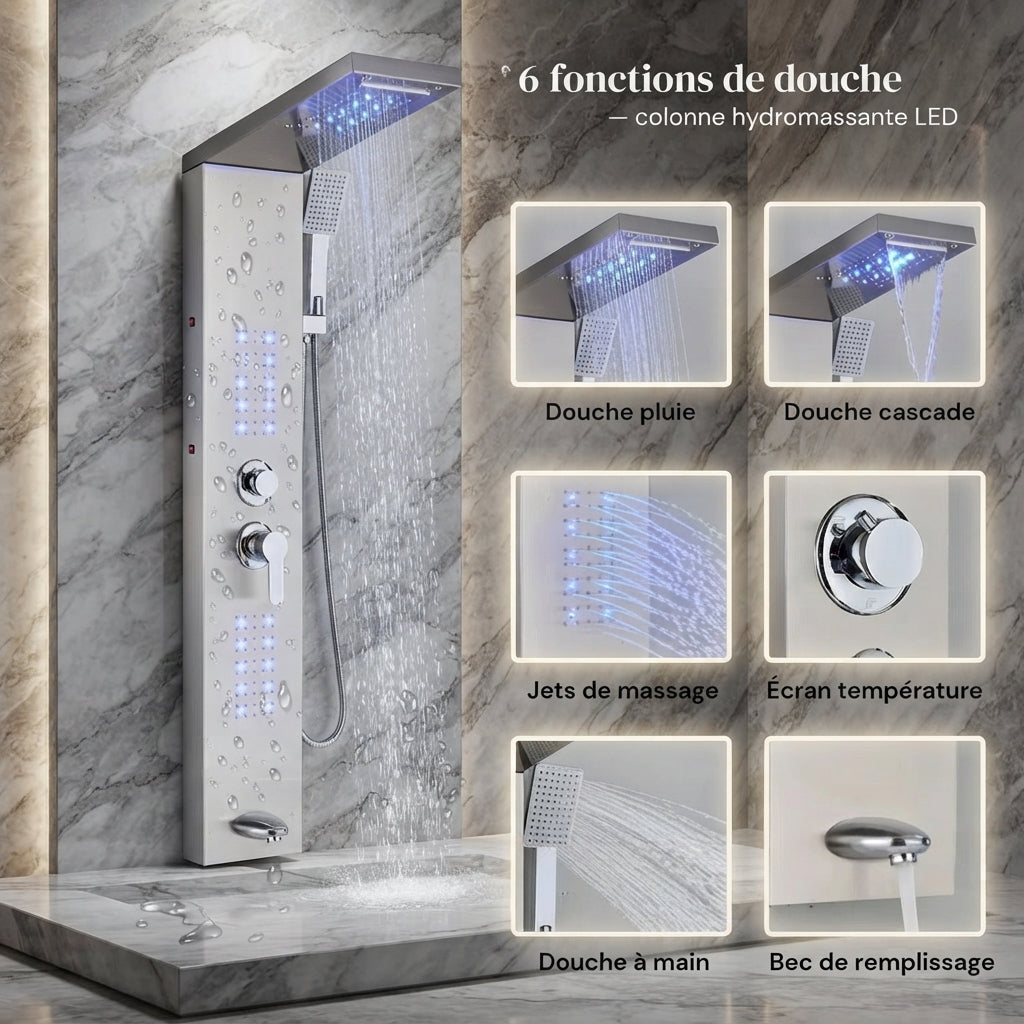 Colonne de Douche Hydromassante  – Pluie, massage & Jets LED
