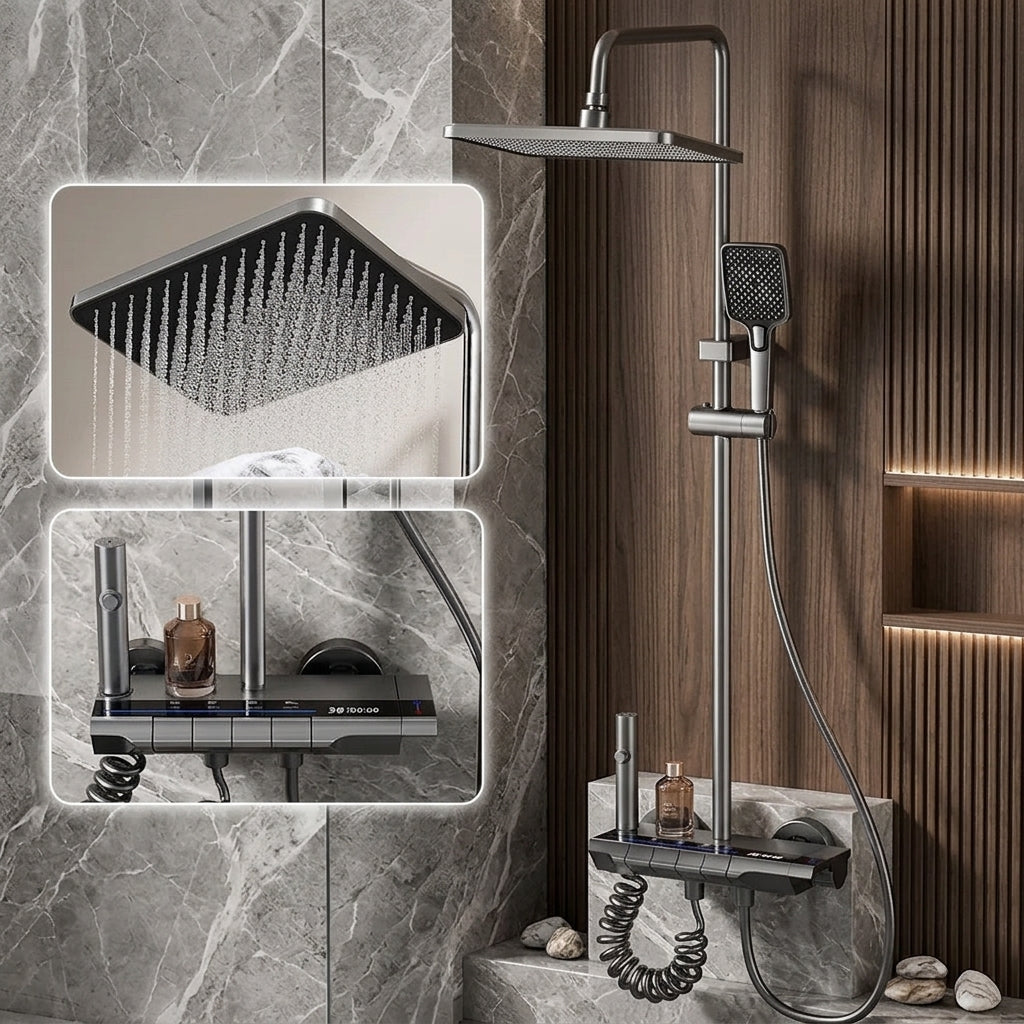 Colonne de Douche 4 Voies avec indicateur de température - Gris brossé