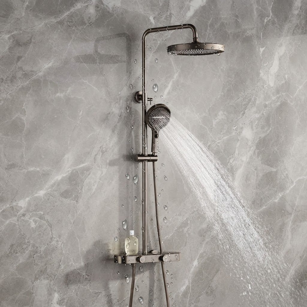 Colonne de Douche Thermostatique Gris Brossée – 4 Voies Pluie & Cascade