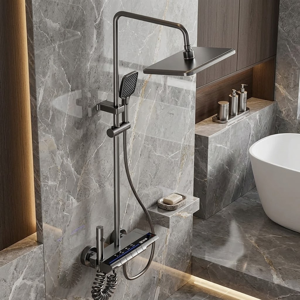 Colonne de Douche 4 Voies avec indicateur de température - Gris brossé