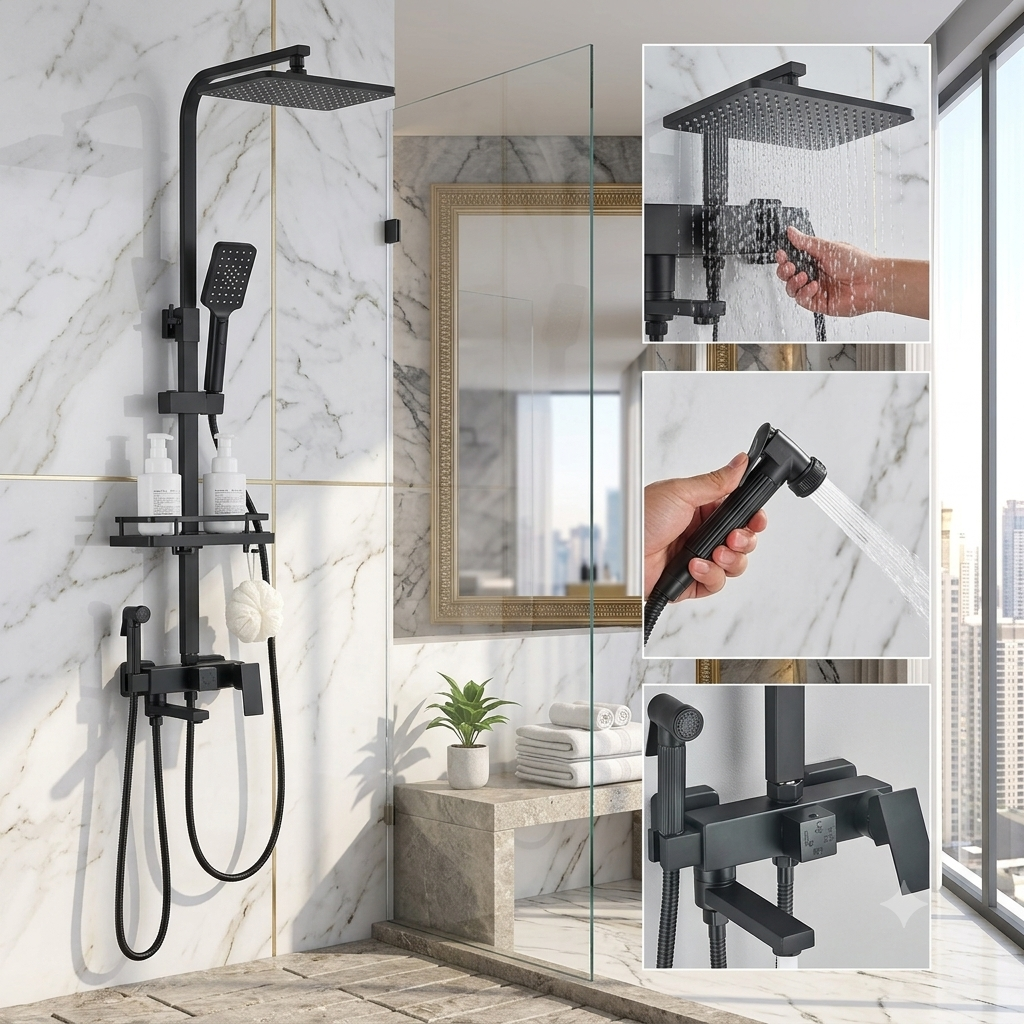 Colonne de Douche Design Noir & Chrome – Jet Relaxant