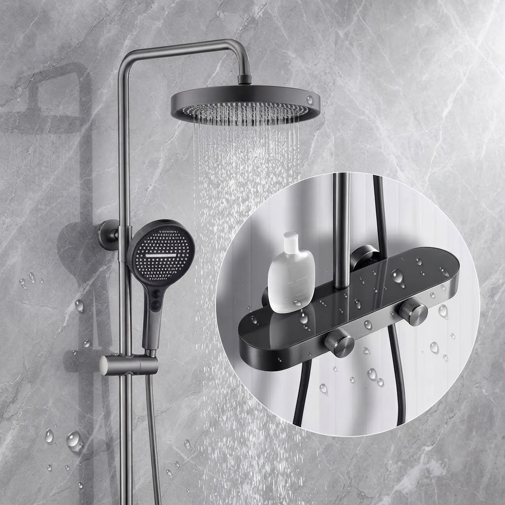 Colonne de Douche Thermostatique Gris Brossée – 4 Voies Pluie & Cascade