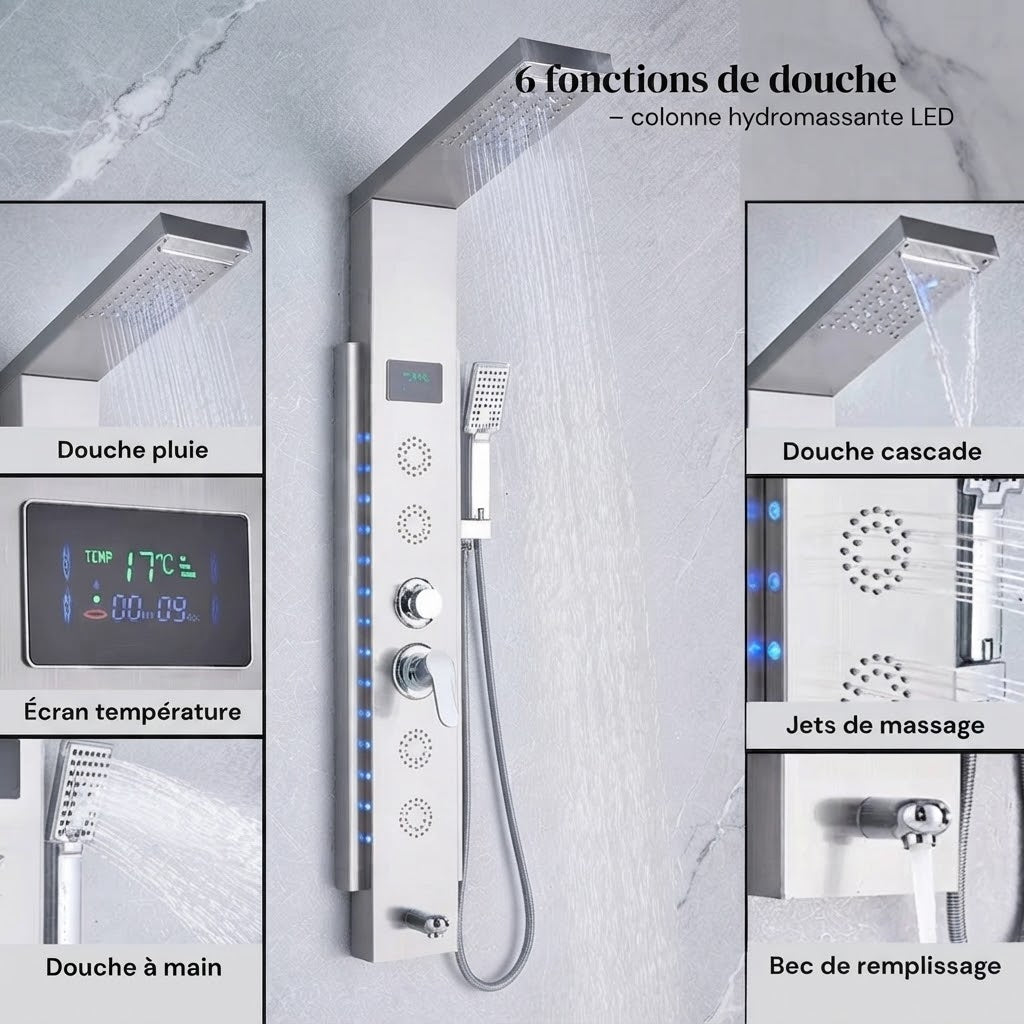 Colonne de Douche Hydromassante à affichage digital LED – Douceur & Massage