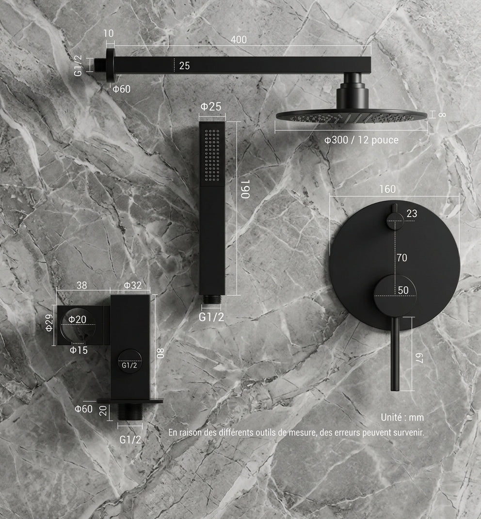 Colonne de Douche Encastrable Ronde – (Noir, Inox brossé, Rose gold, Or brossé)